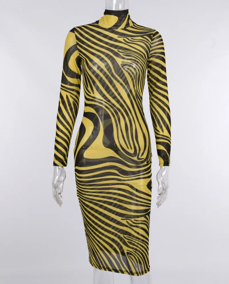 Hirigin Abito tubino a rete autunno donna collo alto manica lunga Zebra St