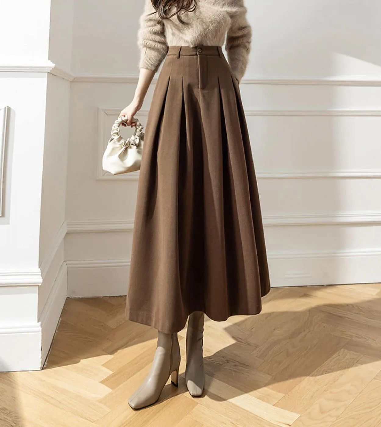 Moukyun Gonna di lana da donna elegante Tasche femminili Ufficio Casual Gonne larghe A Line Primavera Autunno Donna Midi a vita