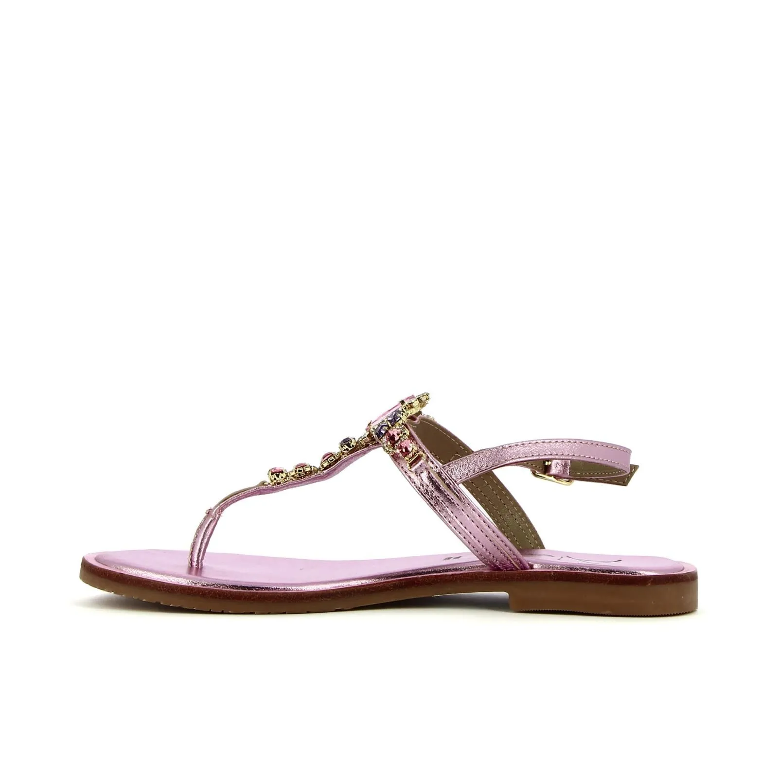 Sandali bassi rosa modello infradito effetto laminato con pietre gioiello