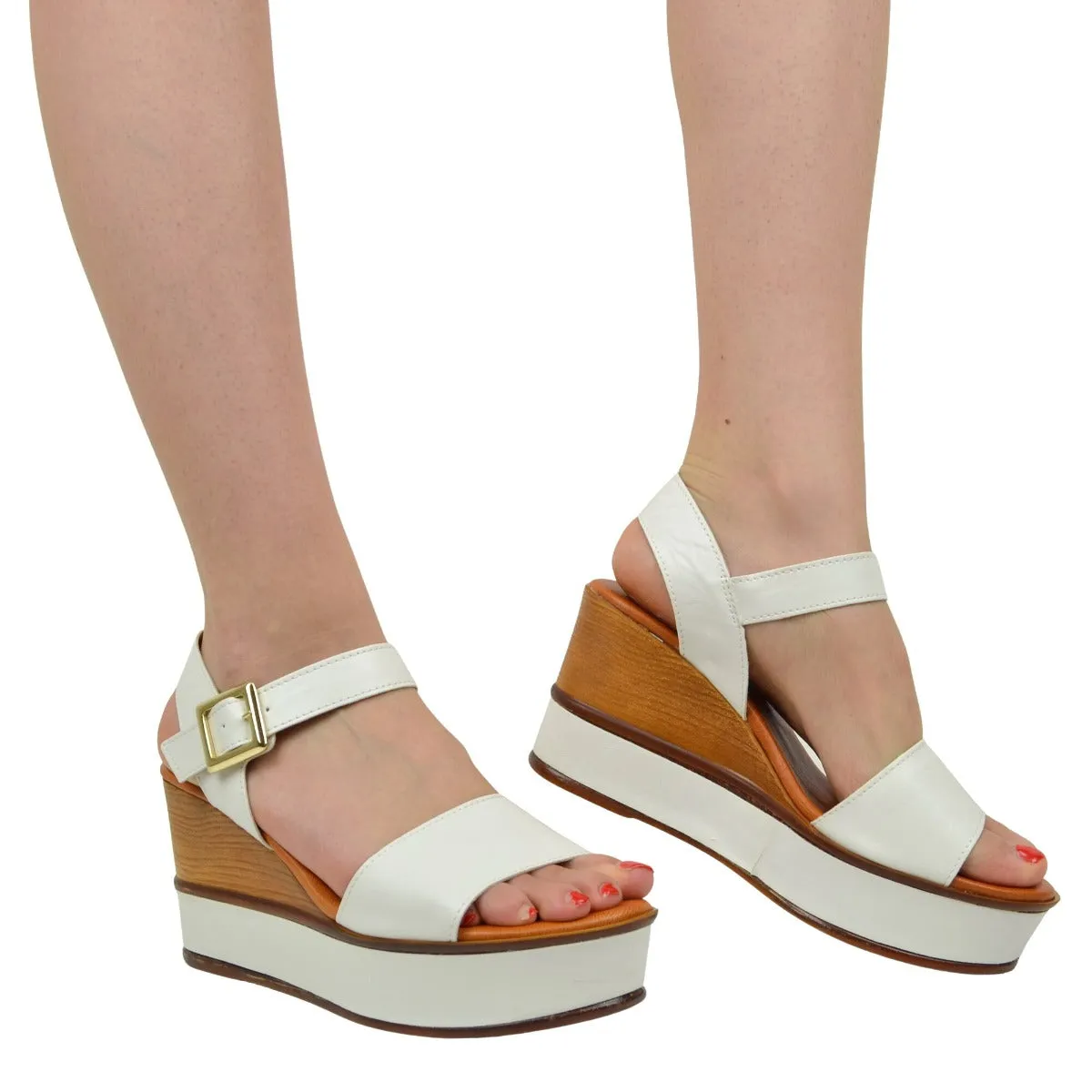 Sandali Donna Platform con Cinturino in Pelle Bianchi