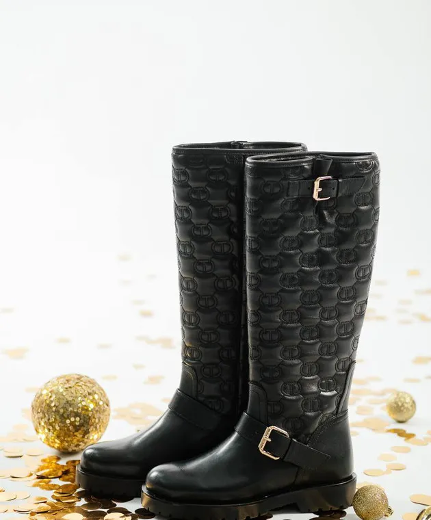 Twinset Stivali in pelle nera con cuciture logo Oval T 232TCT058