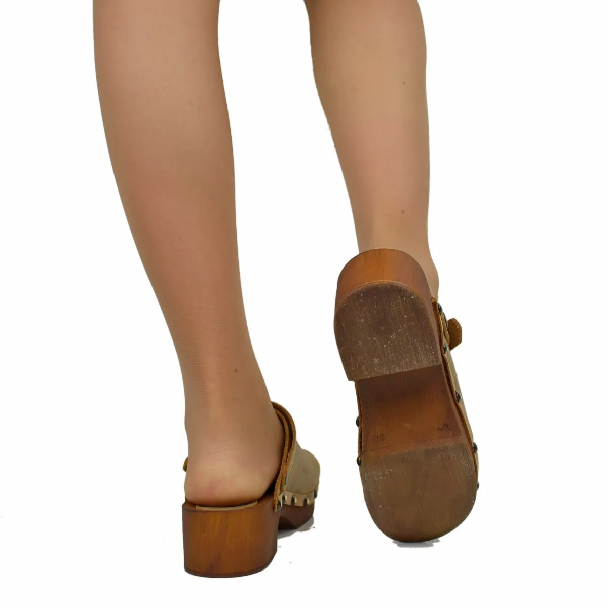 Zoccolo Donna in Pelle Ingrassata Vintage Camel Made in Italy